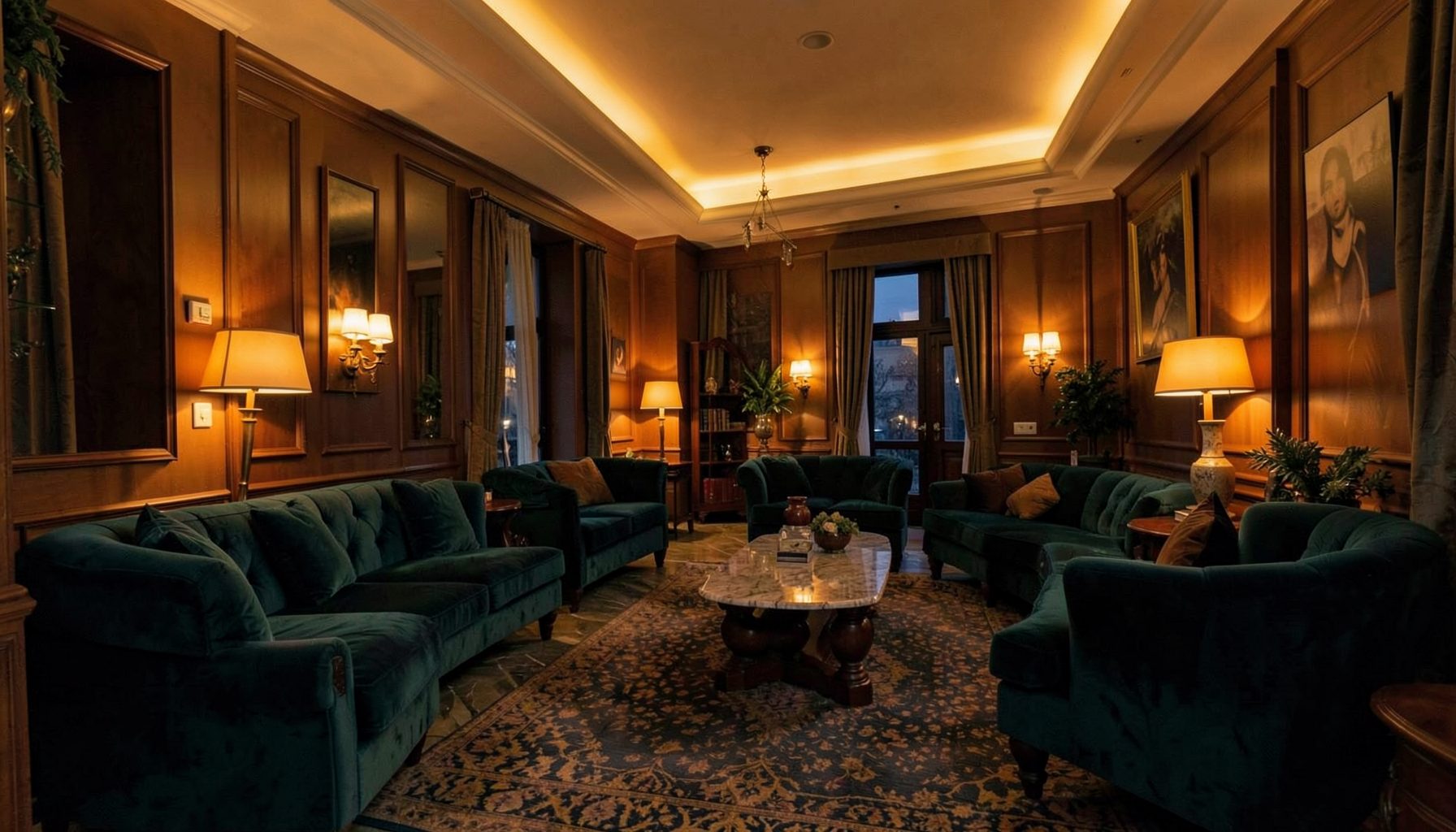 Lobby acolhedor de hotel com iluminação âmbar quente e mobiliário em veludo azul-petróleo escuro, atmosfera noturna