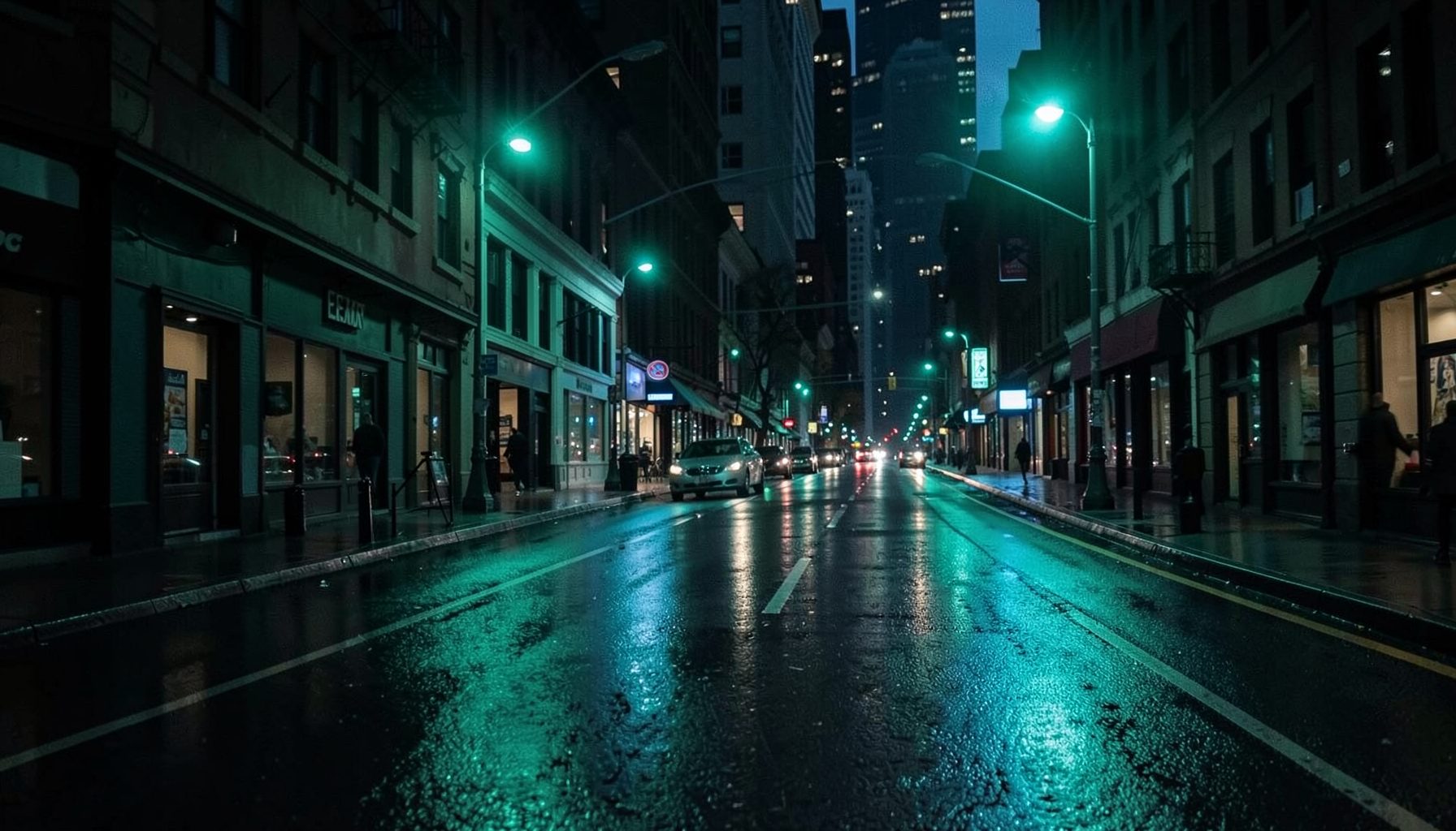 Rua escura da cidade ao anoitecer com candeeiros de rua azul-petróleo brilhantes refletindo no pavimento molhado