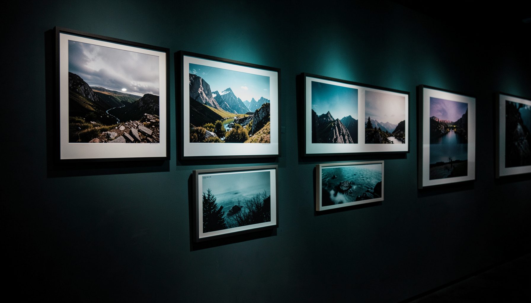 Parede de galeria com fotografias de paisagens emolduradas iluminadas por luzes suaves azul-petróleo numa sala escura