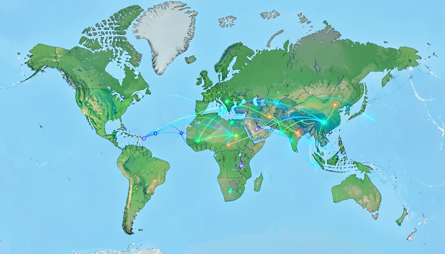 Mapa mundial com marcadores coloridos e linhas de rota brilhando em tons de verde e azul