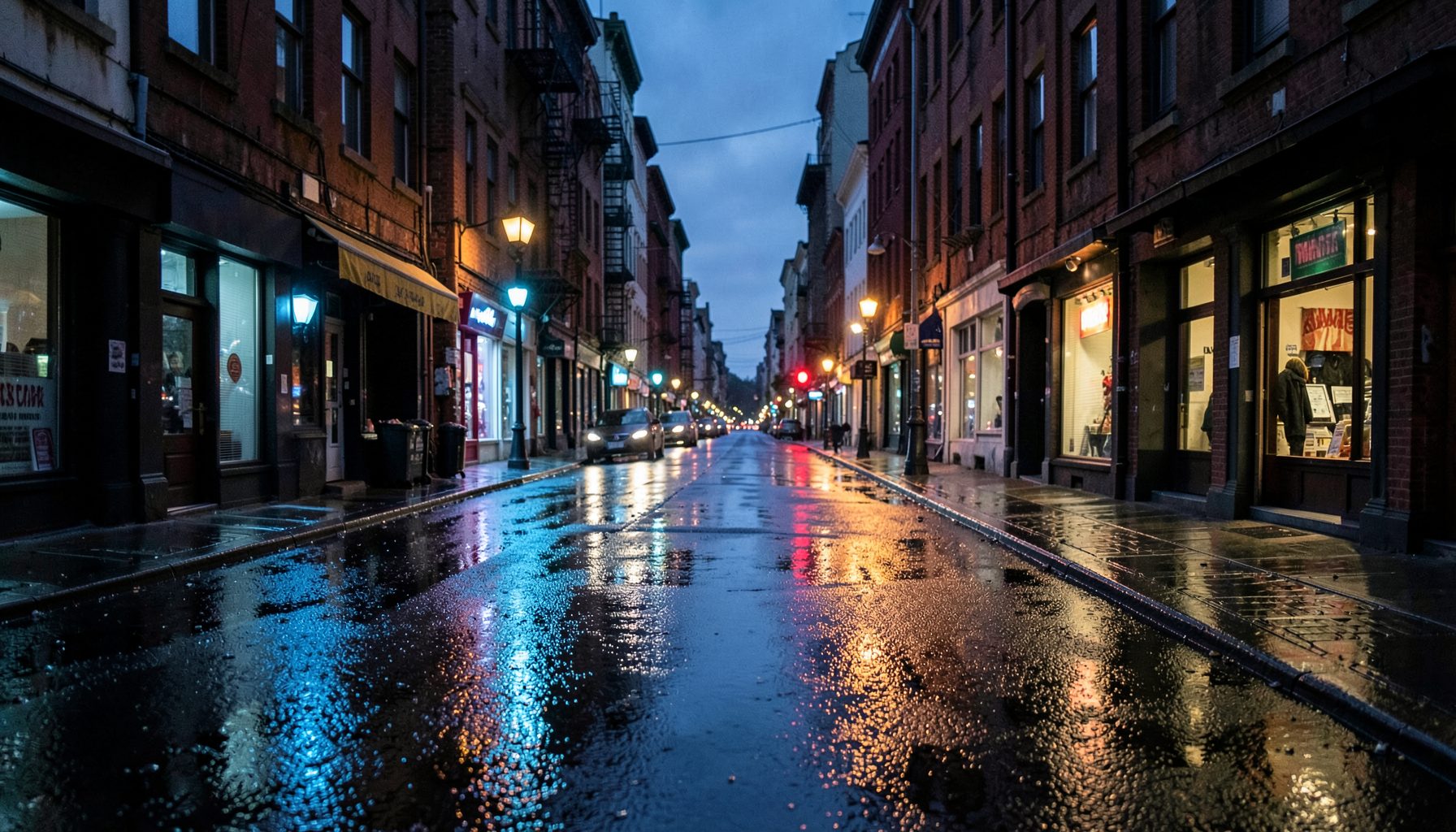Rua urbana ao anoitecer com reflexos de luzes azul-petróleo no pavimento molhado