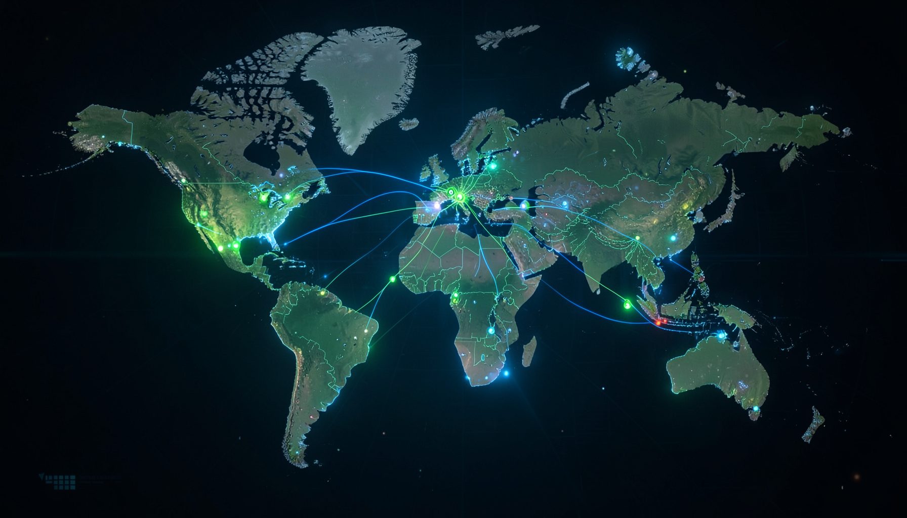 Vista aérea de um mapa mundial com marcadores coloridos e linhas de rota brilhando em tons de verde e azul sobre um fundo escuro
